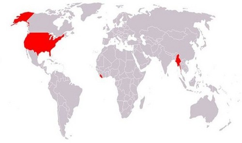 左より：アメリカ、リベリア（アフリカ大陸）、ミャンマー